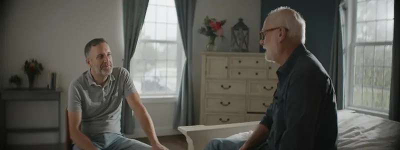Adult son talking with his father in a sunlit bedroom